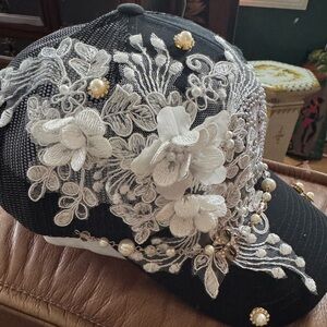 Embroidered Floral Black Cap